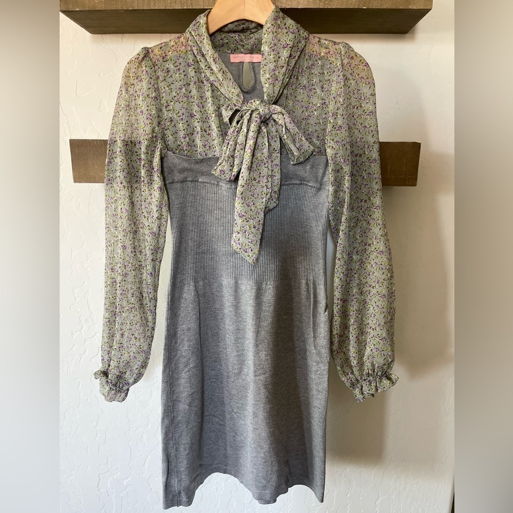 Anna Maria| Feminine Sheer Floral Dress with Knit Gray Combo••Ditsy Floral Print